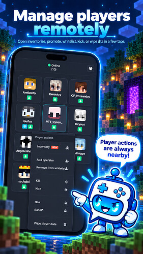 Minecraft player management and inventory inspection on smartphone