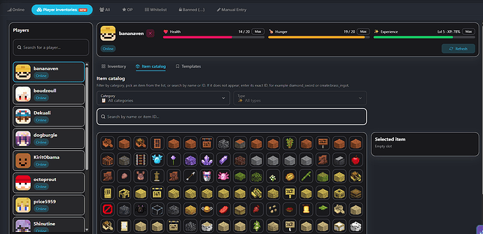 Minecraft item catalog with search and category filters