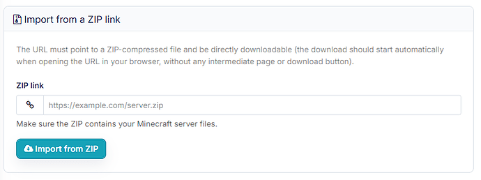 Importing a Minecraft server from a ZIP link