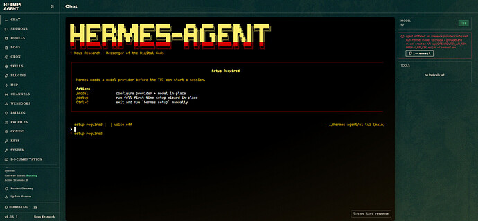 Tableau de bord et chat interactif de Hermes Agent
