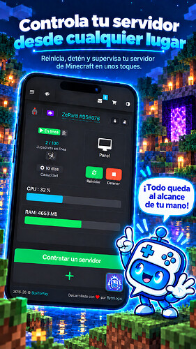 Panel de control de servidor Minecraft en la aplicación móvil BoxToPlay