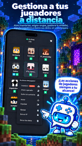 Gestión de jugadores e inspección de inventarios Minecraft en smartphone