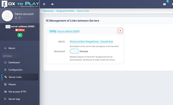The Server Links page in the BoxToPlay proxy panel