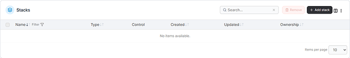Empty Portainer stacks list with the Add stack button