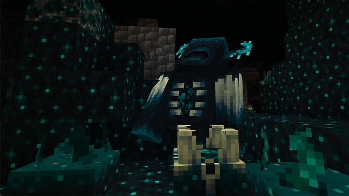 Le Warden dans le Deep Dark entouré de blocs de sculk