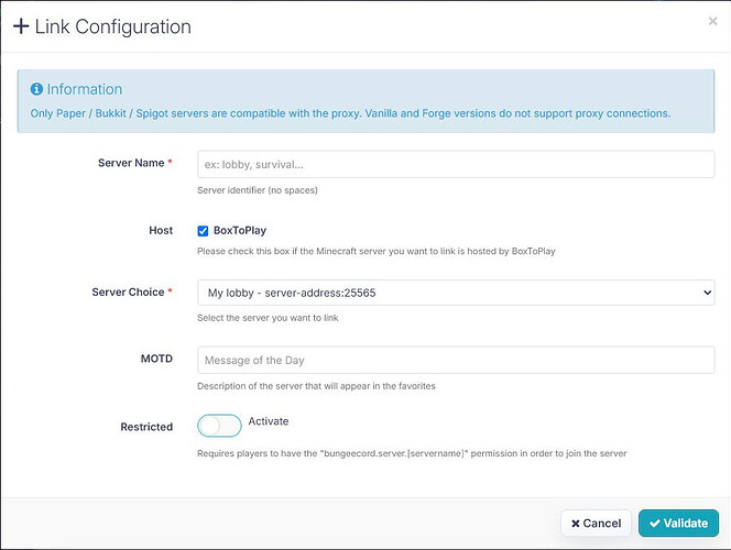 The BungeeCord window used to link a Minecraft server to the proxy