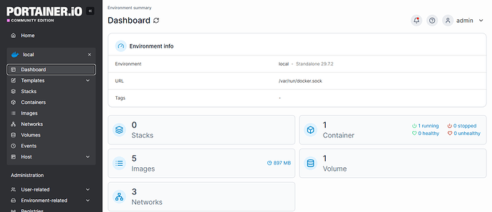 Portainer dashboard with the local menu and Docker environment info