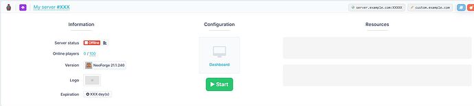 BoxToPlay Minecraft server dashboard with the current version selector
