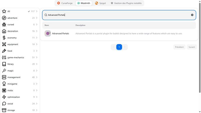 Recherche du plugin Advanced Portals dans le panel BoxToPlay