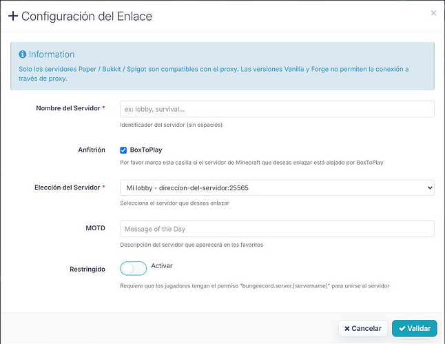 La ventana de BungeeCord para enlazar un servidor Minecraft con el proxy