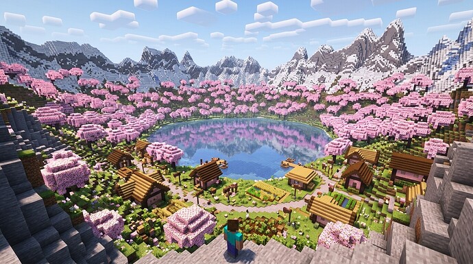 Illustration of a lake surrounded by cherry trees and houses