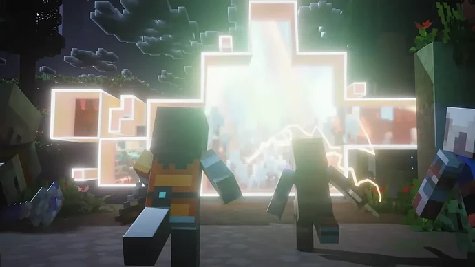 Minecraft Dungeons II heroes stepping through a rift into The Sift