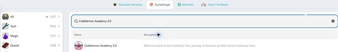 Searching for Cobblemon Academy 2.0 in the BoxToPlay CurseForge catalog