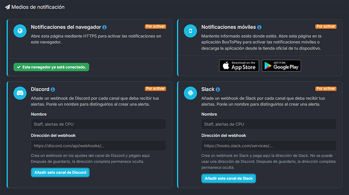 Canales de notificación Discord, Slack, navegador y aplicación móvil