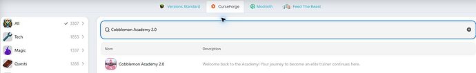 Recherche de Cobblemon Academy 2.0 dans le catalogue CurseForge du panel BoxToPlay