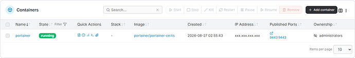 Portainer container list with only HTTPS port 9443 published