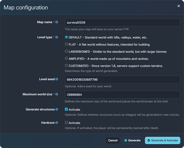 Configuring a new Java map with a seed in the BoxToPlay panel