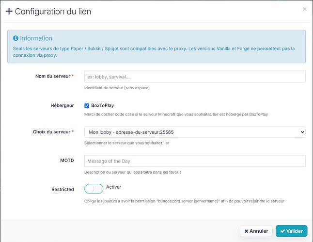 La fenêtre BungeeCord permettant de lier un serveur Minecraft au proxy