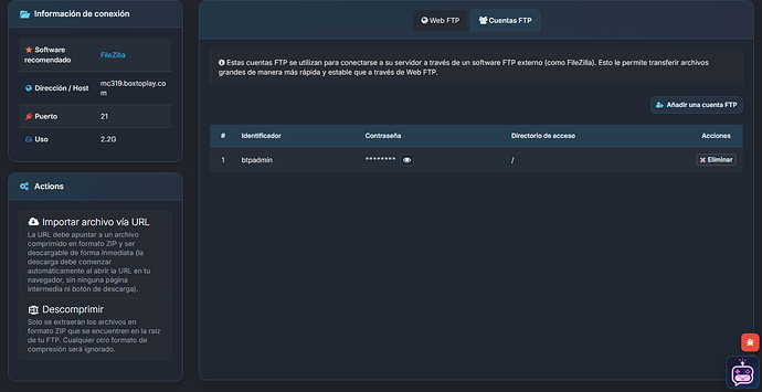 Información de conexión y cuentas FTP en el panel de BoxToPlay