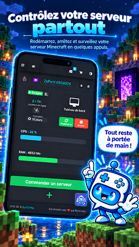 Tableau de bord de serveur Minecraft sur l'application mobile BoxToPlay