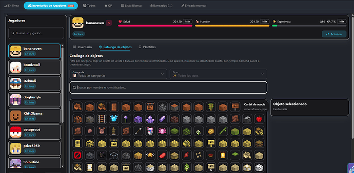 Catálogo de objetos Minecraft con búsqueda y filtros por categoría