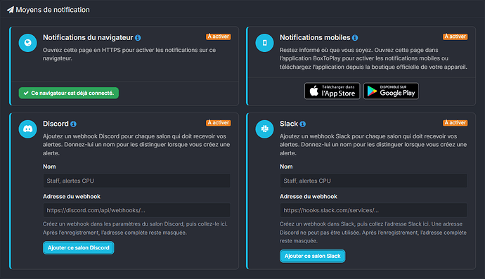 Moyens de notification Discord, Slack, navigateur et application mobile