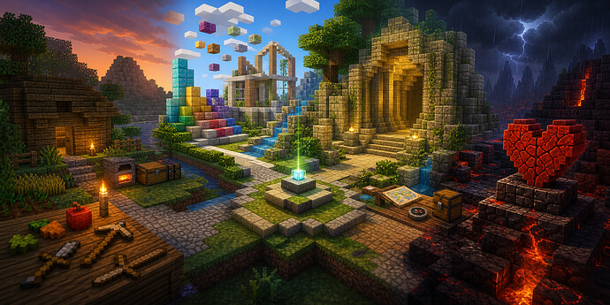 Un visuel conceptuel des modes Survie, Créatif, Aventure et Hardcore