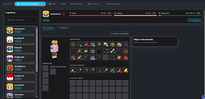 Vista general del inventario Minecraft con skin 3D y equipamiento completo
