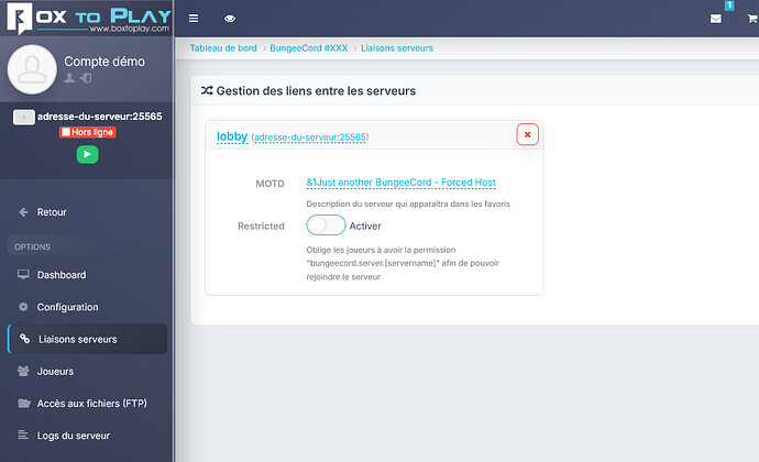 La page Liaisons serveurs du proxy dans le panel BoxToPlay