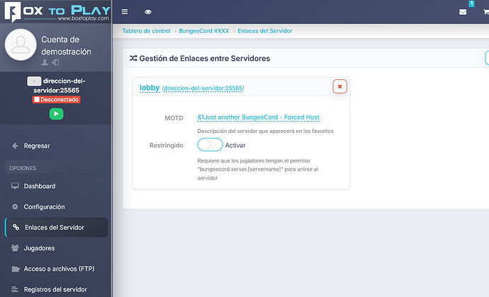 La página Enlaces del Servidor del proxy en el panel de BoxToPlay