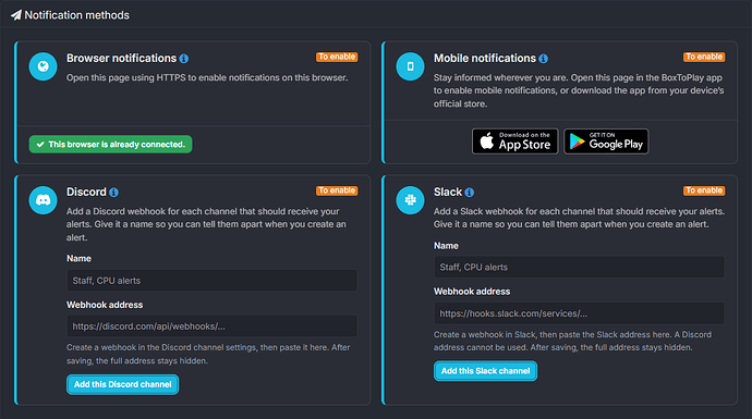 Discord, Slack, browser and mobile notification channels