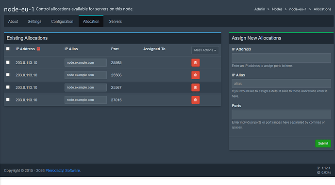 Allocations IP et ports d’un node Pterodactyl