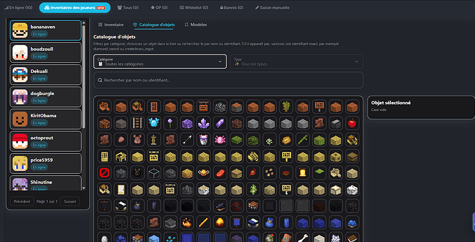 Catalogue d'objets Minecraft avec recherche et filtres