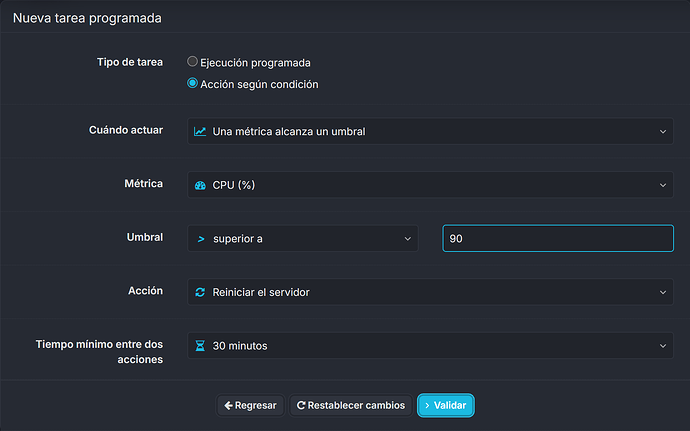 Tarea que reinicia el servidor si la CPU supera el 90 %