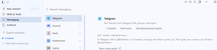 Configuration de la passerelle Telegram dans l'interface graphique de Hermes