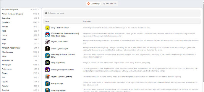 Gestionnaire d’add-ons CurseForge pour Minecraft Bedrock