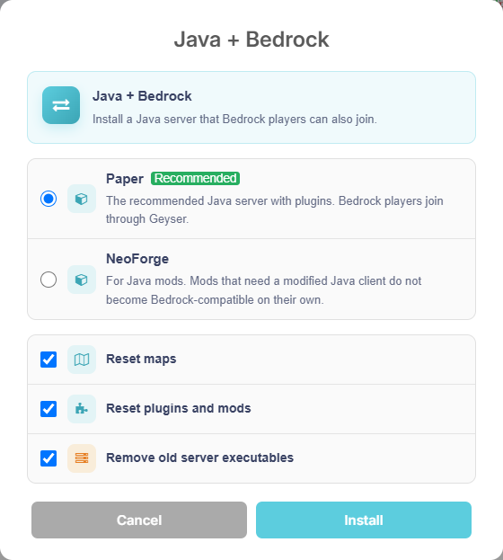 Java + Bedrock pack installation options and engine selection