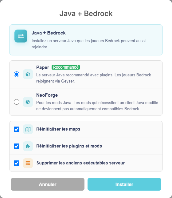 Options d'installation du pack Java + Bedrock avec choix du moteur