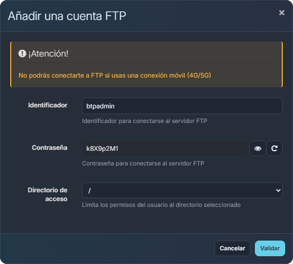 Formulario de creación de una cuenta FTP en el panel de BoxToPlay