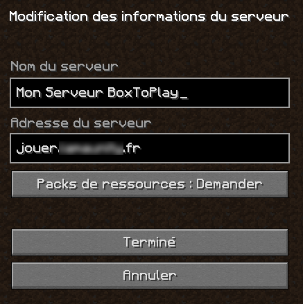 Ajout du nom de domaine personnalisé dans le client Minecraft